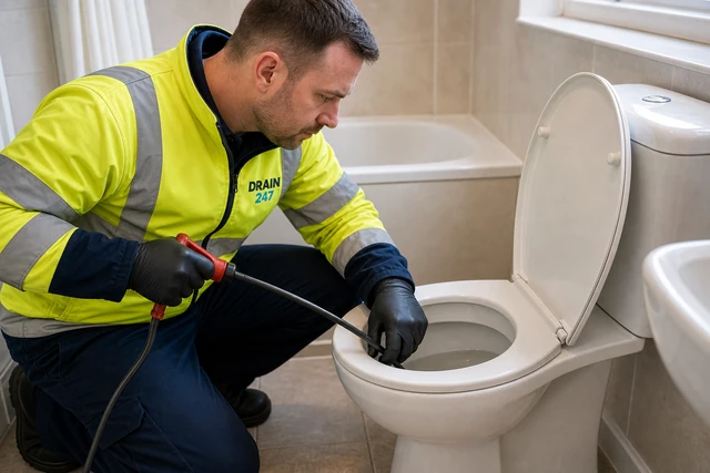 Drain 247 engineer unblocking a toilet in a Hertfordshire home