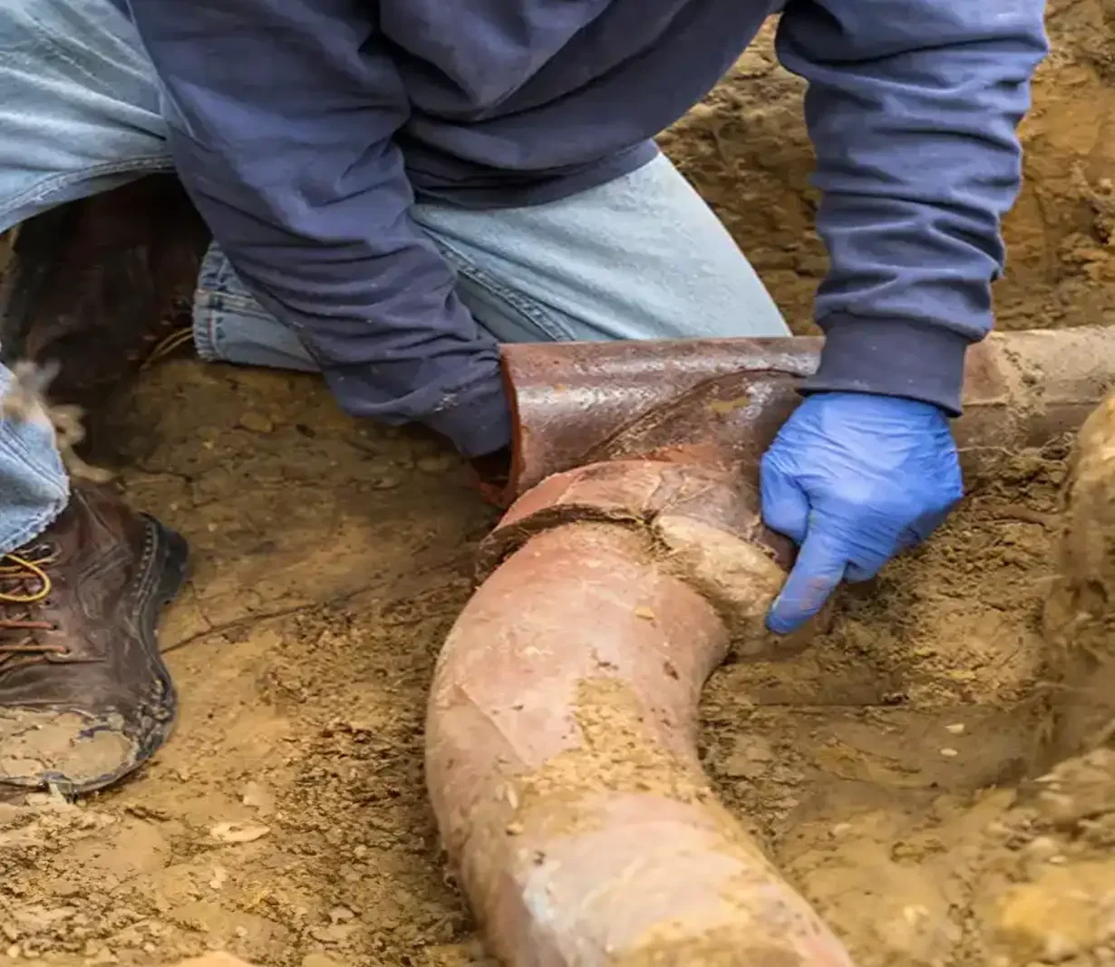 Image of a construction worker with his hand inserted into a pipe, checking for fractures. The worker is focused, using tactile inspection techniques to assess the integrity of the pipe, TO CARRY OUY drain-repair