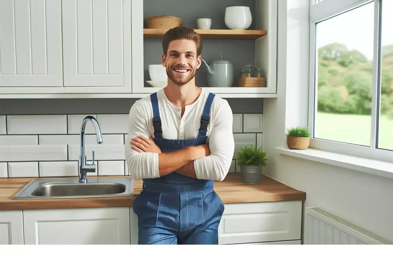 a cheerful homeowner in a bright kitchen with a clean and functioning sink, symbolizing the resolution of plumbing issues.