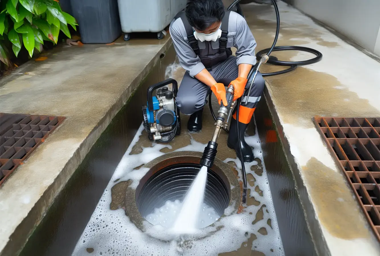 A professional using high-pressure water jetting to clear an external drain: